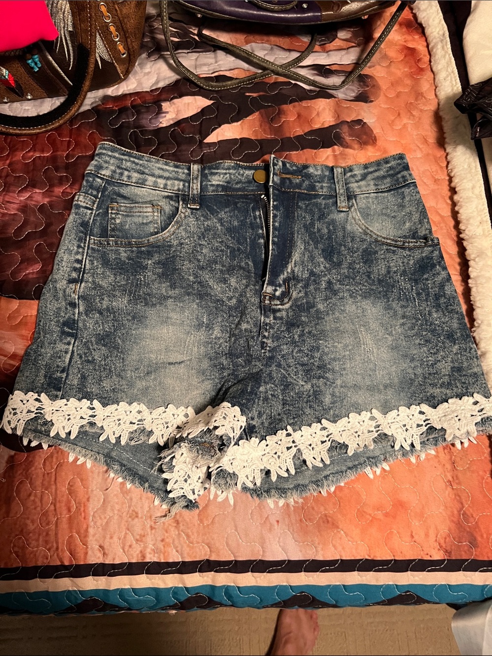 Denim Lace Trim High-Waist Women’s Shorts - Blue